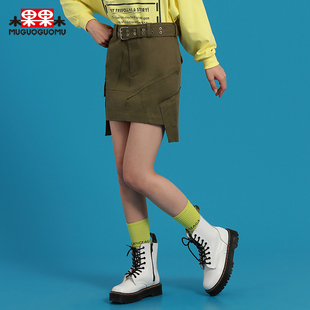 木果果木2021春季新韩版修身高腰军绿色不规则半身裙工装a字短裙