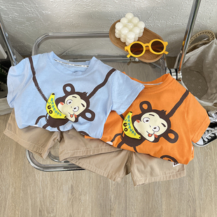 男宝宝短袖夏装套装宝宝，可爱小猴子圆领卡通，纯棉t恤夏天衣服婴童