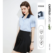 鳄鱼蓝色条纹衬衫女短袖夏季外套韩版修身设计感小众时尚显瘦衬衣