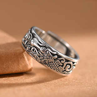 罗泰老银匠925银生肖龙戒指男女士款时尚国风复古泰银食指戒指环