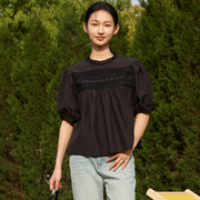 indicia黑色蕾丝上衣短袖t恤衬衫，宽松薄款2023夏季标记女装