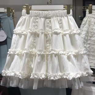 超仙白色褶皱花边纱裙a字半身裙，设计感小众蓬蓬伞裙蛋糕短裙子夏