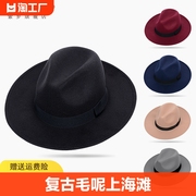 呢子帽上海滩复古黑色毛呢帽子，男女中老年人帽，新郎礼帽春天大帽檐