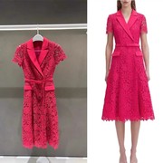 玫红色蕾丝长裙拼接束腰中裙火龙果色修身西装裙气质连衣裙