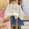 花朵刺绣娃娃，领衬衫女童2023春装儿童，韩版洋气微喇牛仔裤