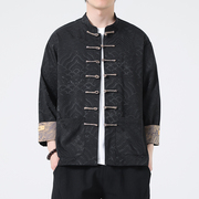 新中式水波纹高密绸缎提花，休闲唐装衬衫中国风，盘扣长袖立领茶服男