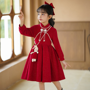 女童冬季连衣裙秋加绒，加厚2023儿童，旗袍红色小女孩裙子公主裙