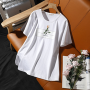 大码冰磁棉短袖T恤女夏季白色玫瑰花圆领纯棉宽松上衣体恤欧货潮