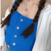 蓝色针织衫单排扣上衣韩国东大门夏季无袖背心小众短款吊带衫