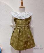 2~11岁*法国*女童春秋裙子，优雅烫金气质绿棉纱背带裙连衣裙