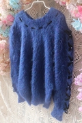 蓝色粗线棒针编织手工绸缎线条长毛毛宽松套头日系毛衣女纯马海毛