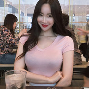 韩国东大门女装2024夏季粉色v领微透修身性感上衣弹力短袖t恤