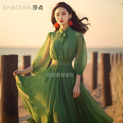 绿色连衣裙夏季收腰显瘦雪纺长裙，到脚踝度假大摆裙海边沙滩裙