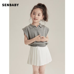 senbaby女童夏装polo衫中大童，气质针织上衣儿童，轻薄翻领polo短袖