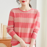 粉色毛衣女装春季2024年针织条纹上衣减龄显瘦宽松镂空打底衫