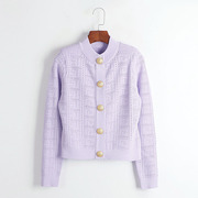 春季小香风香芋紫上衣圆领，毛衣开衫短款镂空钩织针织金扣外套