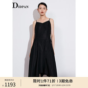 idpan女装秋时尚设计感不对称裙摆极简风性感黑色吊带连衣裙