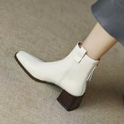 切尔西小短靴女靴白色靴子中筒粗跟中跟方头秋季单靴高跟鞋2022