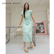 concise-white简白紫色抽褶法式短袖连衣裙裙子长裙设计师品牌