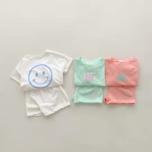 韩版婴幼童装糖果色纯棉休闲短袖套装字母笑脸，t恤短裤两件套
