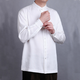 百福龙 男士唐装立领衬衫 中国风白色长袖打底上衣 民族服装大码