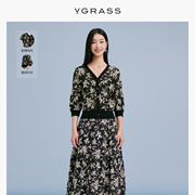 vgrassv领文艺趣味针织衫女夏季休闲气质短袖上衣vzo1o23050