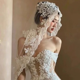 新娘主婚纱头纱，长款拖尾珍珠蕾丝复古简约森系网红拍照道具头纱