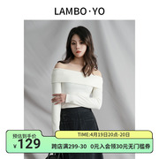 LAMBOYO2024年春季温柔气质显瘦一字肩上衣弹力百搭针织衫女