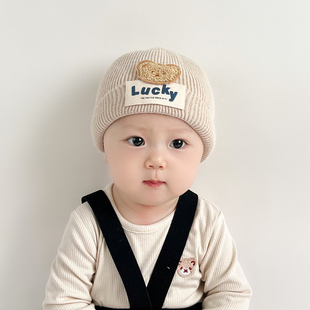 婴儿毛线帽可爱小熊秋冬季瓜，皮套头帽0-1岁新生宝宝初生针织帽子