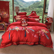 中式80支贡缎全棉婚庆，床上用品精密刺绣被套红色，结婚四件六件套