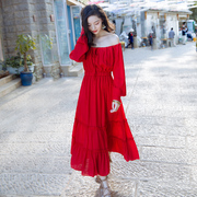 2019夏季红色沙滩裙三亚海边度假超仙沙滩裙一字肩雪纺连衣裙