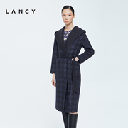 LANCY/朗姿羊绒大衣2022冬季连帽女千鸟格收腰羊毛外套女显瘦