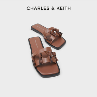 charles&keith夏季女鞋，ck1-70580182女士拼色流苏方头平跟拖鞋