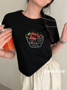 木马家水果樱桃字母印花t显瘦正肩小个子，短袖t恤女夏季短款上衣