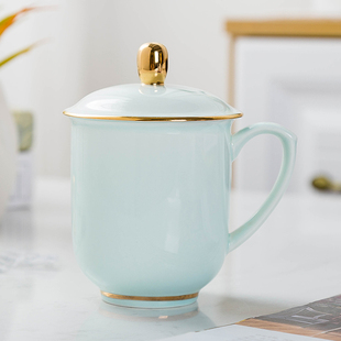 景德镇骨瓷茶杯带盖青釉办公室会议杯金边陶瓷家用水杯子可定制