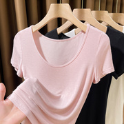 大圆领莫代尔t恤女短袖2024超薄皮肤衣女半袖粉色低领打底衫