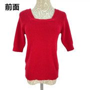 红色前方领后v领五分袖毛衣，两穿毛针织衫上衣女