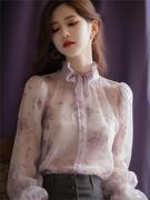 浅紫色蕾丝泡泡袖雪纺衬衫女舒适潮流法式漂亮独特别致小衫2024装
