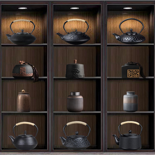 新中式博古架多宝阁复古禅意茶室茶楼茶具，茶壶茶叶罐装饰艺术摆件