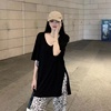 黑色V领短袖t恤女夏季宽松中长款遮屁股大领口不规则纯棉开叉上衣