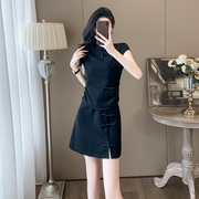 黑色新中式国风套装裙女夏遮肚显瘦设计感盘扣上衣半身短裙两件套