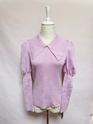翻领泡泡袖温柔粉紫色，针织衫2023秋冬法式设计感时尚修身打底女士