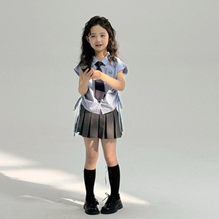 女童夏季JK条纹短袖衬衫搭配灰色百褶短裙韩版洋气小女孩学院风潮