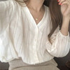 v领泡泡袖蕾丝，衫女韩版白色长袖，衬衣2022早秋衬衫