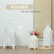 摩洛哥风情镂空铁艺烛台白色，风灯软装饰品氛围，灯摆件婚庆路引道具