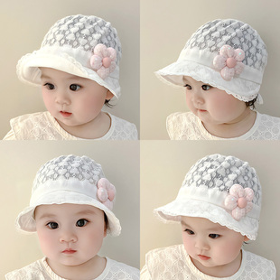 春夏薄款婴儿帽子女宝宝时尚蕾丝花朵包头帽儿童遮阳帽防晒套头帽