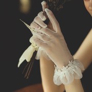 赫本风婚纱手套复古白色，短款缎面花边新娘，结婚礼服晚宴配饰