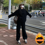美式黑色运动服秋冬季套装女卫衣，加绒加厚学生韩版休闲两件套跑步