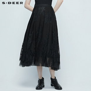 sdeer圣迪奥女装夏装层次，镂空蕾丝网纱，拼接半身裙中长裙s20281118