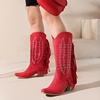 大红玫红色靴子欧美时尚粗跟高跟高筒靴，绒面流苏靴大码女靴xw